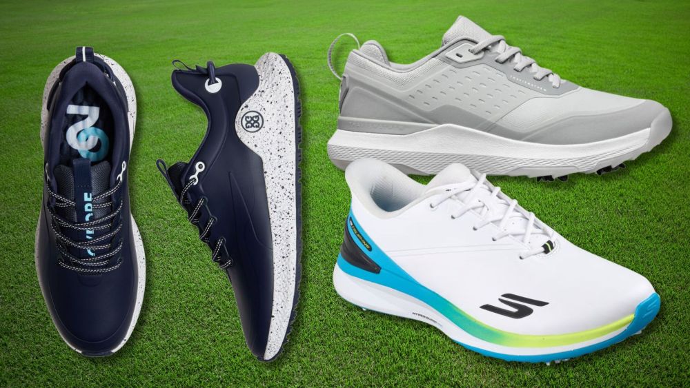 selection of the best golf shoes for men to buy online in 2026, including styles from skechers, travismathew over grass background; buy men's golf shoes online