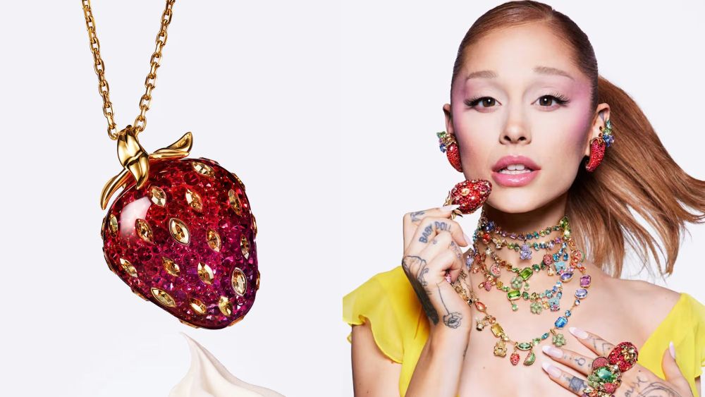 swarovski summer 2026 collection, featuring a strawberry charm and ariana grande posing in colorful necklaces; best swarovski jewelry to shop online